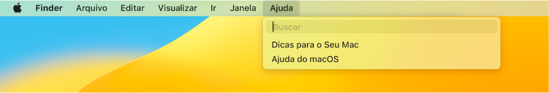 Uma mesa parcial com o menu Ajuda aberto, mostrando as opções de menu Busca e Ajuda do macOS.