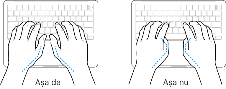 Mâini poziționate deasupra unei tastaturi, indicând alinierea corectă și incorectă a degetelor mari.