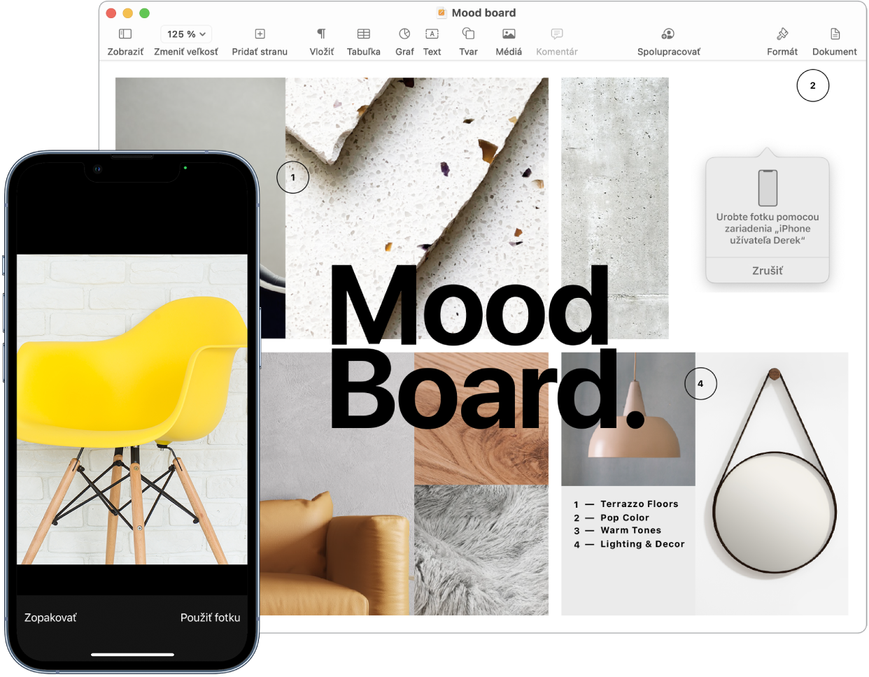 iPhone s fotkou a obrazovka Macu, na ktorej sa zobrazuje dokument Pages a v ňom rámček, do ktorého bude fotka umiestnená.