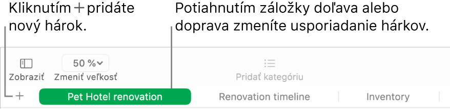 Okno aplikácie Numbers znázorňujúce pridanie nového hárka a zmenu usporiadania hárkov.