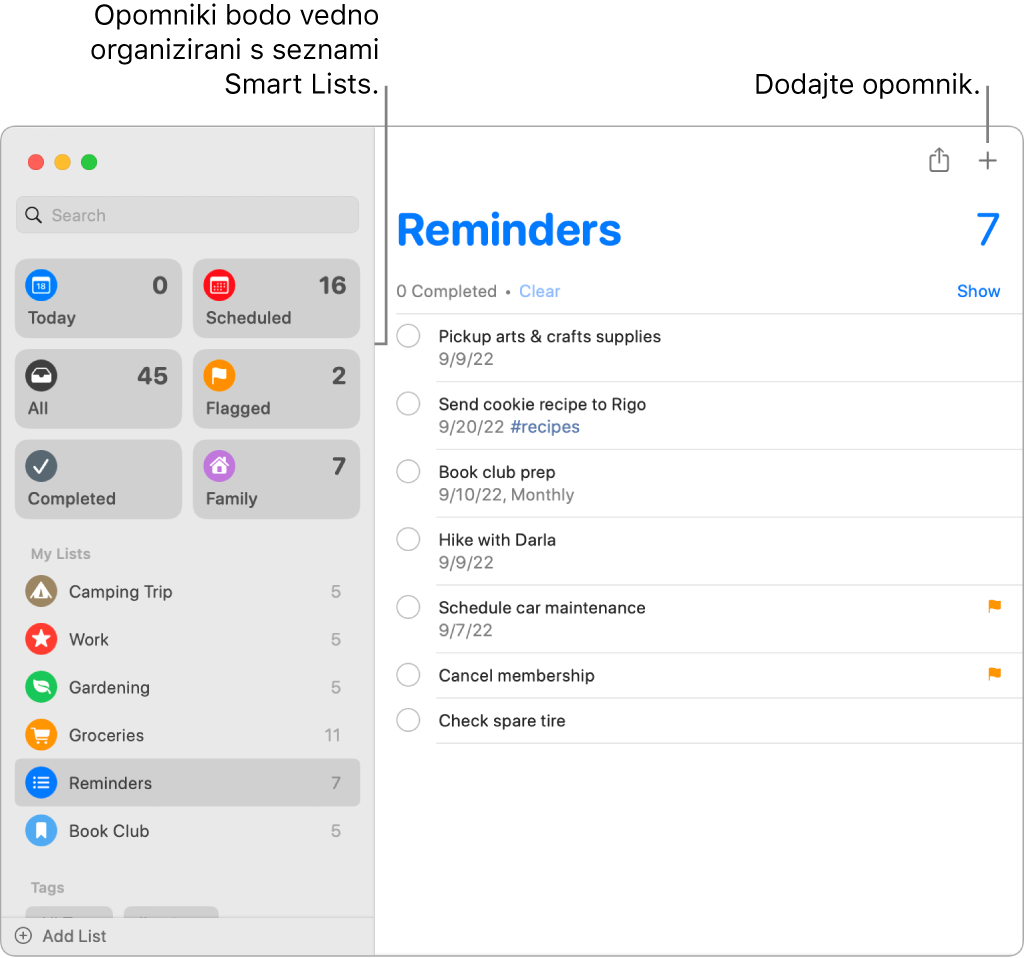 Okno aplikacije Reminders s pametnimi seznami na levi strani in drugimi opomniki in seznami spodaj. Kazalec je v opomniku. Oblački na seznamih Smart Lists in gumbu »Add a new reminder«.