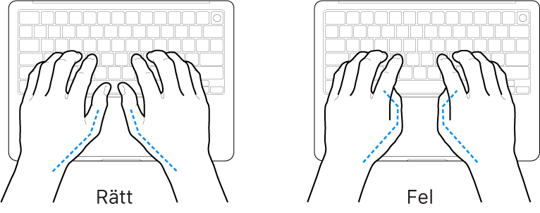 Tangentbord med händer som visar rätt och felaktig placering av tummarna.