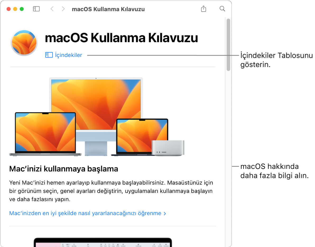 İçindekiler bağlantısını gösteren macOS Kullanma Kılavuzu hoş geldiniz sayfası.