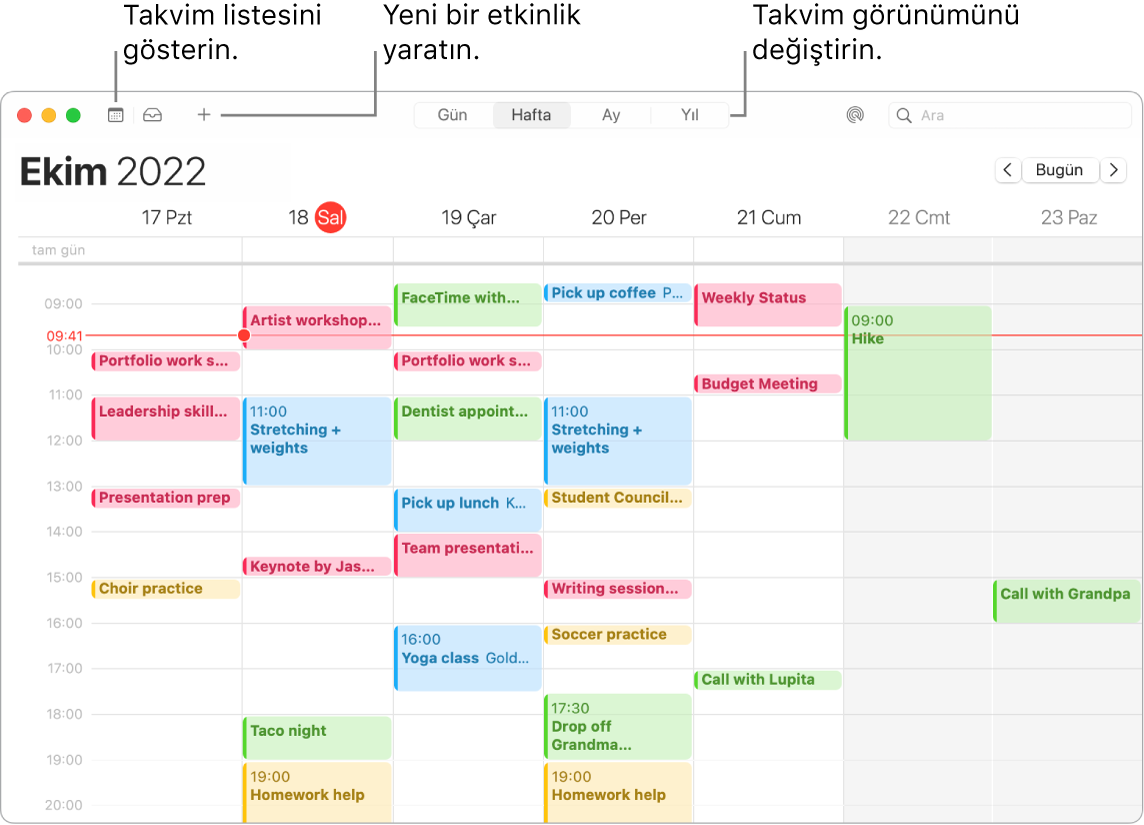 Takvim listesini, etkinlik yaratmayı ve Gün, Hafta, Ay veya Yıl görüntüsünü seçmeyi gösteren bir Takvim penceresi.