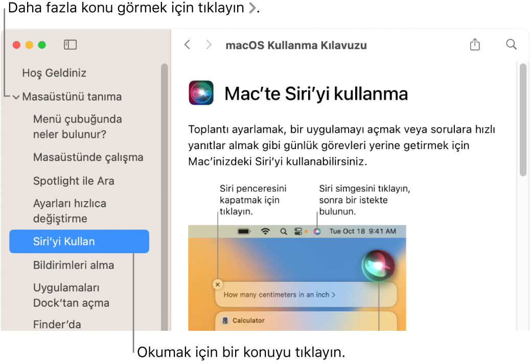 Yardım Görüntüleyici, kenar çubuğunda konuların gösterilmesini açıklayan bir belirtme çizgisi ve bir konunun içeriğinin görüntülenmesini açıklayan başka bir belirtme çizgisi ile.