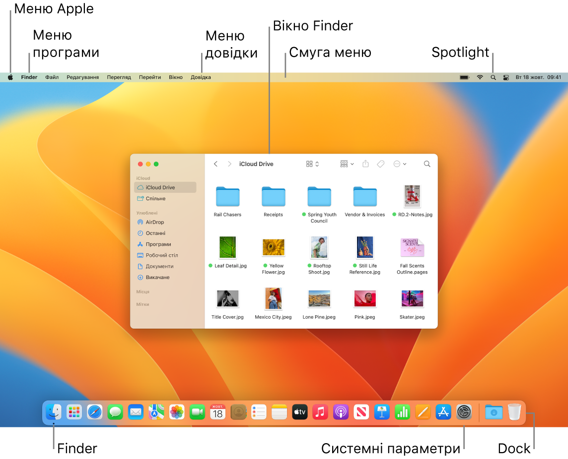 Екран Mac, на якому показано меню Apple, меню «Довідка», вікно Finder, смугу меню, іконку Spotlight, іконку Finder, іконку «Системні параметри» та панель Dock.