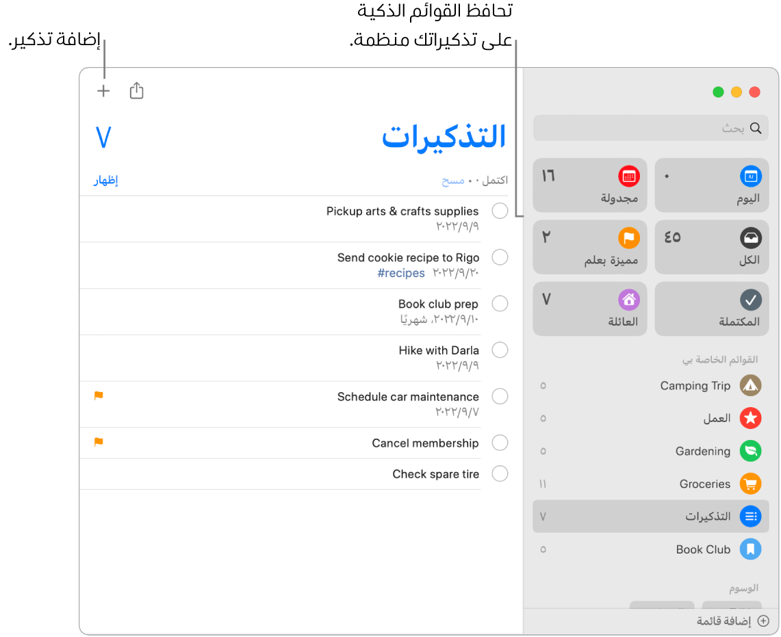 نافذة التذكيرات تظهر بها القوائم الذكية على اليمين وغيرها من التذكيرات والقوائم أدناه. يظهر المؤشر في تذكير. تظهر وسائل شرح للقوائم الذكية ولزر "إضافة تذكير جديد".