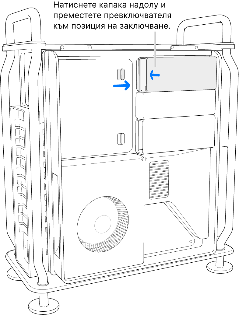Поставяне на SSD капаците чрез преместване на превключвателя на ключалката надясно и натискане надолу на капака на SSD модула.