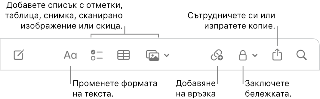 Лентата с инструменти на Notes (Бележки) с надписи за инструментите за формат на текста, списък за проверка, таблица, връзка, снимки/носители, заключване, споделяне и изпращане на на копие.