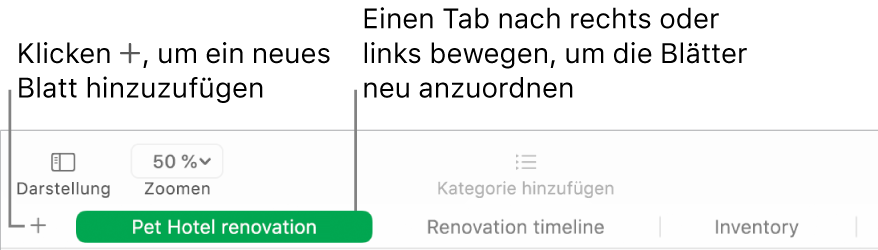 Numbers-Fenster mit Informationen zum Hinzufügen eines neuen Rechenblatts und zum Neuanordnen der Blätter