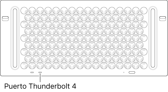 La parte superior de un Mac Pro, donde se señala el puerto Thunderbolt 4 que se debe utilizar.