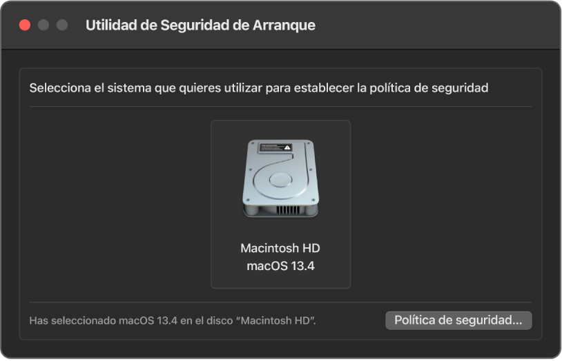 La ventana de Utilidad de Seguridad de Arranque se abre y se selecciona Macintosh HD con macOS 13.4.