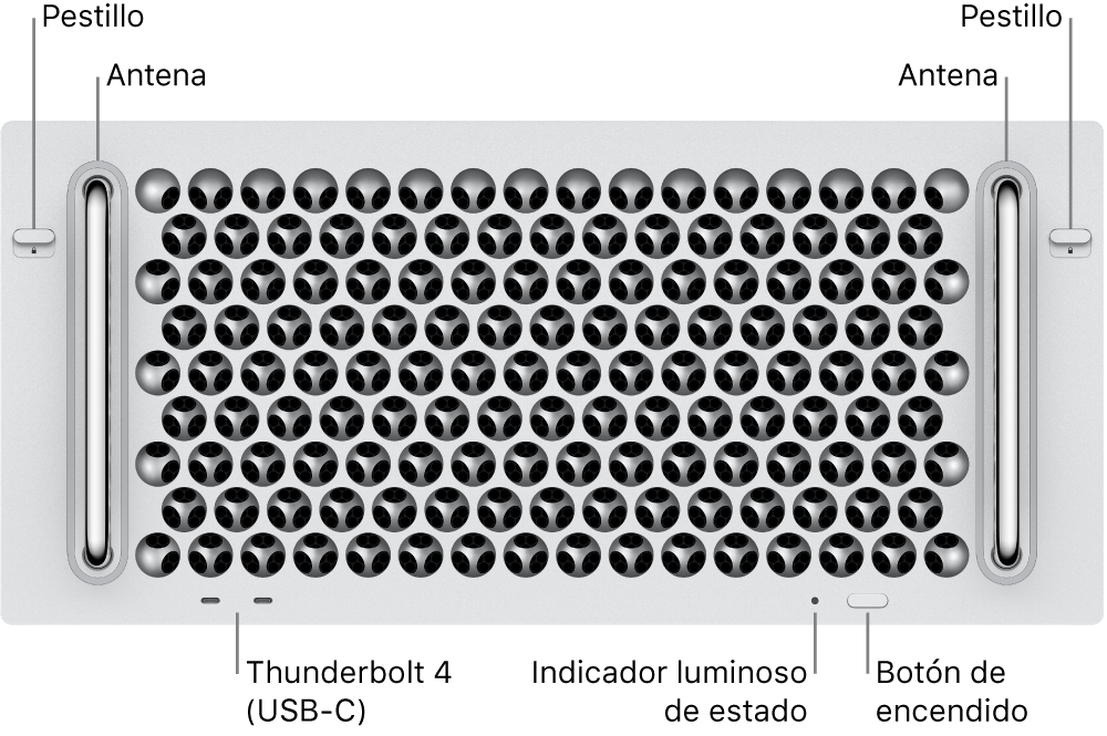 El frente del Mac Pro, con dos cierres, dos antenas, el botón de encendido, un indicador luminoso de estado y dos puertos Thunderbolt 4 (USB-C).