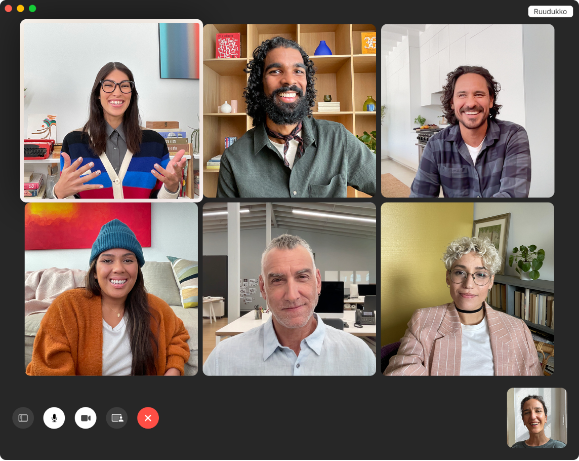 FaceTime-ikkuna, jossa on ryhmä kutsuttuja käyttäjiä.