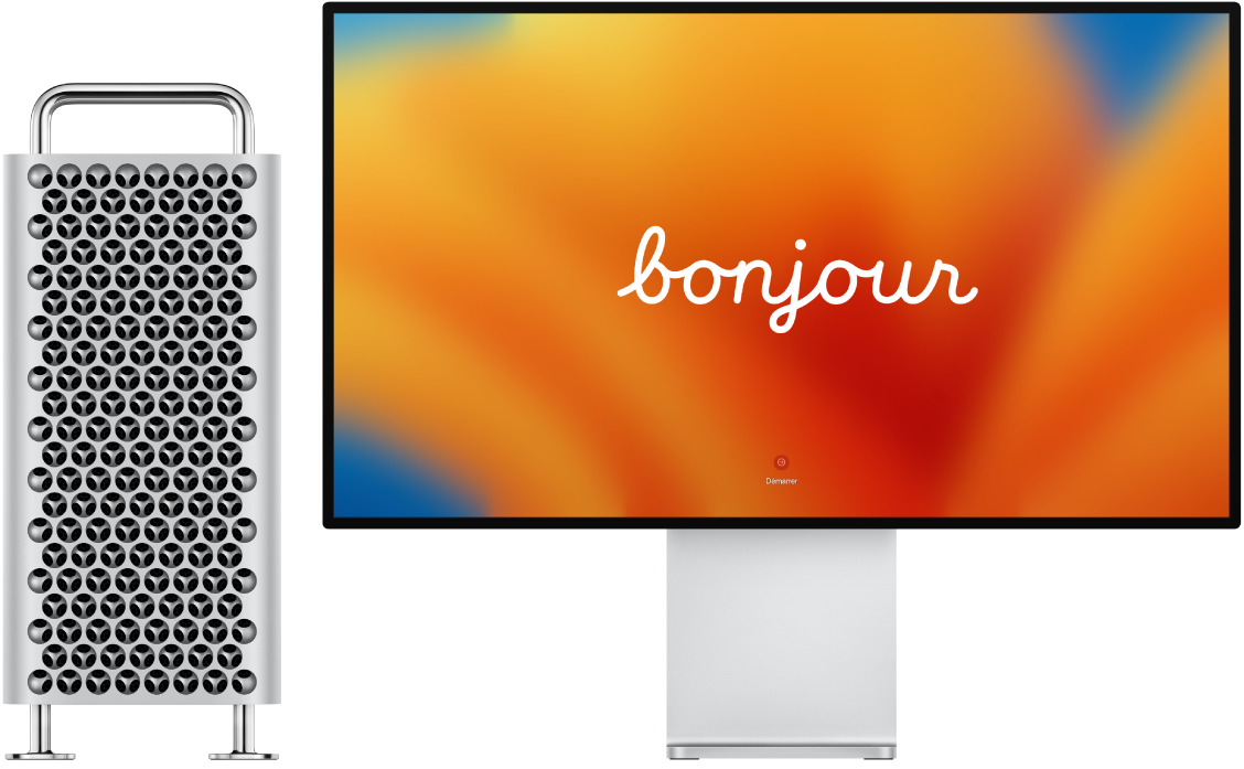 Un Mac Pro et un Pro Display XDR côte à côte avec le mot « bonjour » à l’écran.