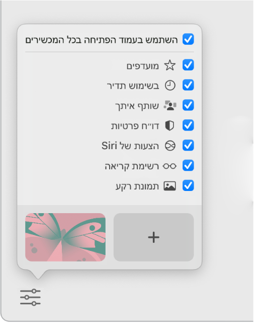 התפריט הקופצני ״התאמה אישית של Safari״ עם תיבות הסימון: ״מועדפים״, ״בשימוש תדיר”, ״שותף איתך״, ״דוח פרטיות״, ״הצעות של Siri״, ״רשימת קריאה״ ו״תמונת רקע״.