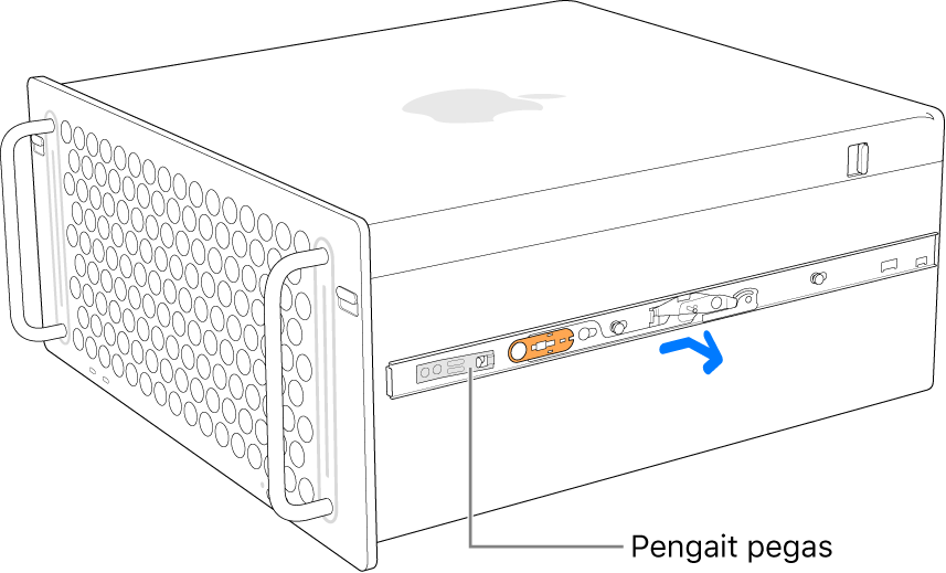 Rel sedang dilepas dari bagian samping Mac Pro.