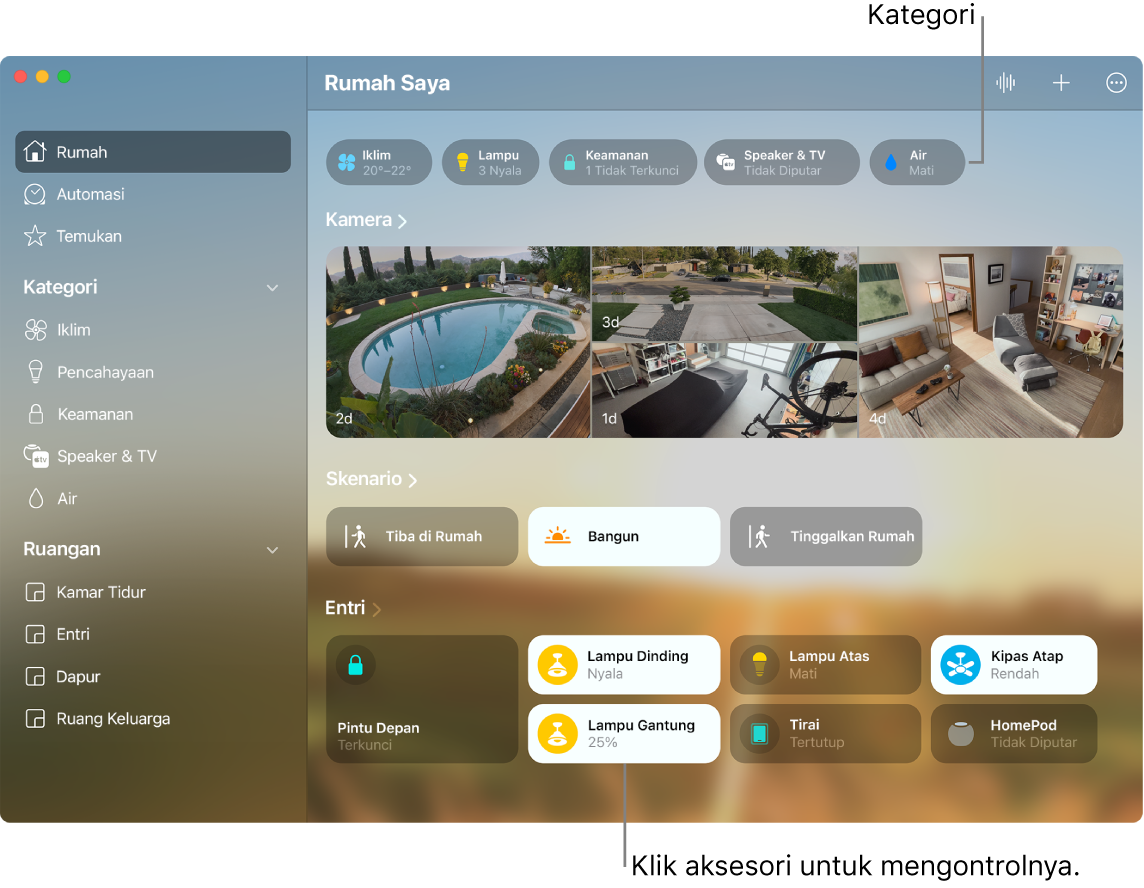 App Rumah menampilkan kategori, skenario favorit, dan aksesori favorit.