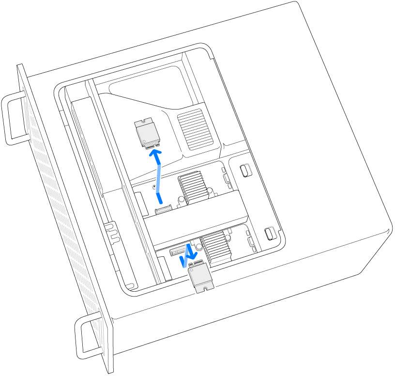 Due moduli SSD che vengono rimossi.