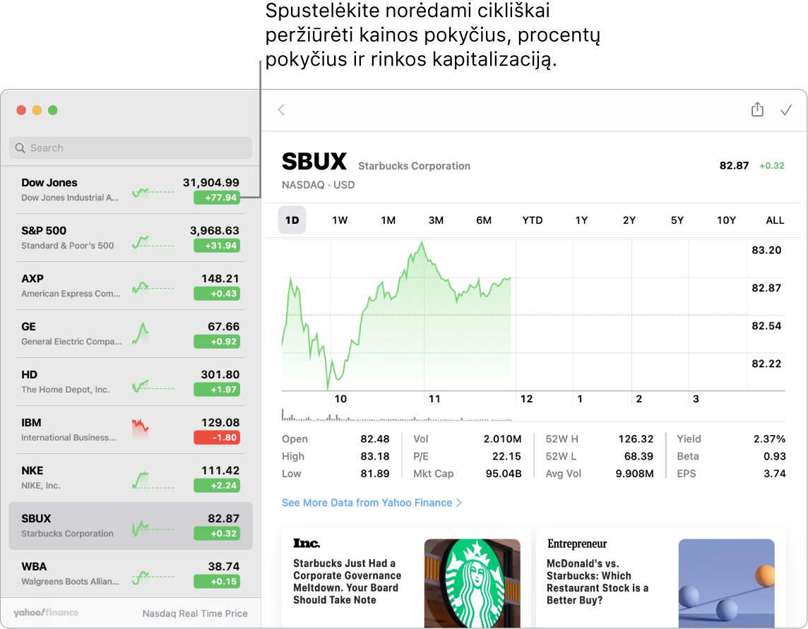 „Stocks“ ekrane: rodomos istorijos ir informacija apie pasirinktas akcijas. Pateikiama nuoroda „Click to cycle between price change, percentage change, and market capitalization“ (spustelėkite norėdami perjungti kainos pokytį, procentinį pokytį ir rinkos kapitalo vertes).