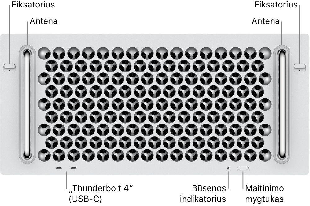 „Mac Pro“ priekyje rodomi du skląsčiai, dvi antenos, maitinimo mygtukas, būsenos lemputės indikatorius ir du „Thunderbolt 4“ (USB-C) prievadai.