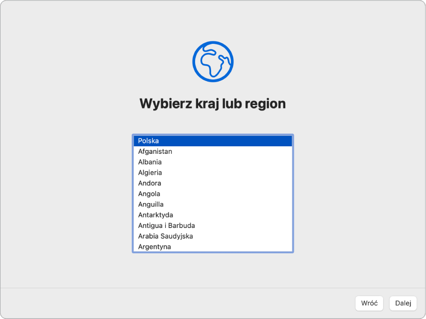 Ekran w Asystencie ustawień pokazujący opcje wyboru kraju lub regionu użytkownika.