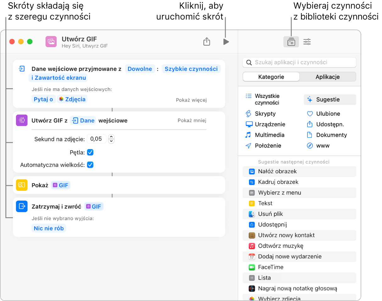 Edytor skrótu Utwórz obrazek GIF po lewej oraz biblioteka czynności po prawej.