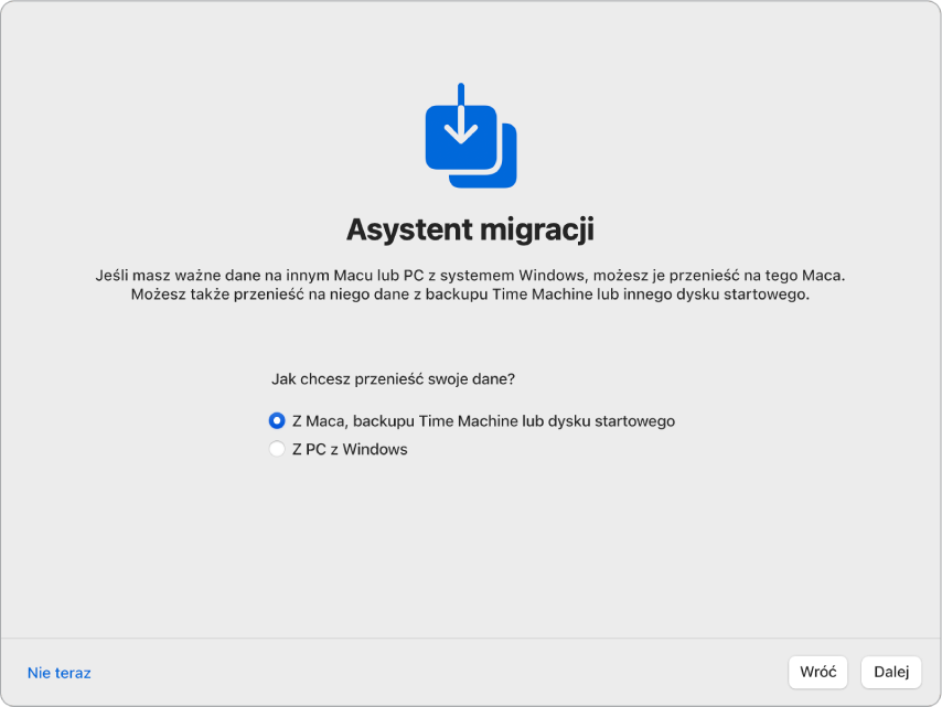 Ekran w Asystencie ustawień z napisem „Asystent migracji”. Zaznaczone jest pole wyboru w celu przeniesienia informacji z Maca.