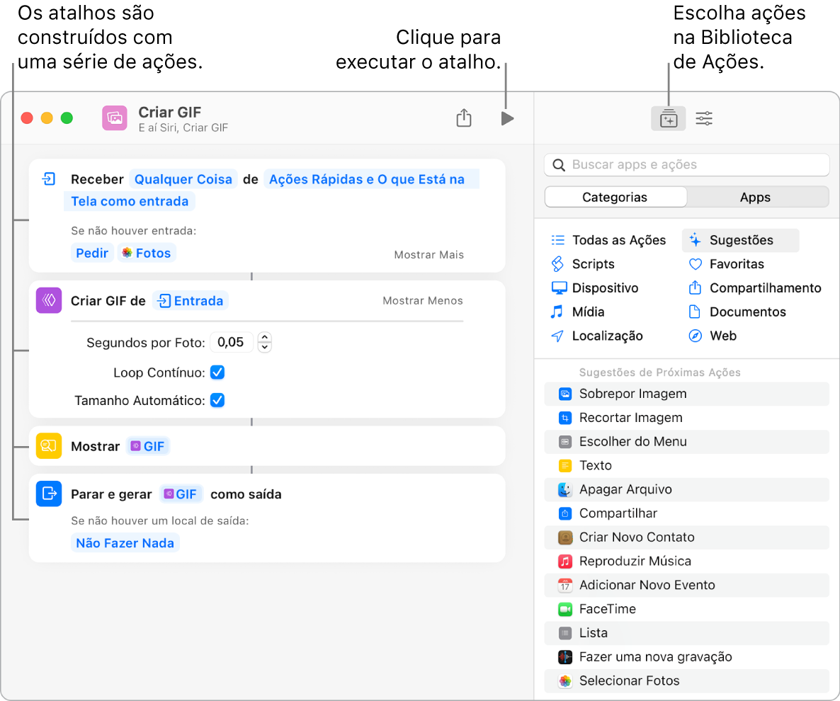 O editor do atalho Criar GIF à esquerda e a biblioteca de ações à direita.
