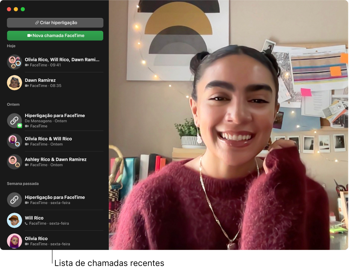 Uma janela do FaceTime a mostrar botões para criar uma hiperligação para uma chamada FaceTime ou para iniciar uma nova chamada FaceTime e uma lista de chamadas recentes.