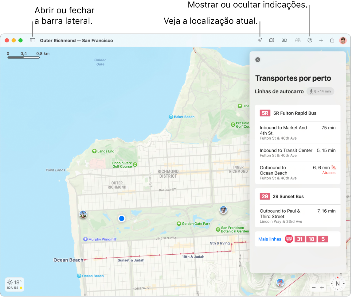 Uma janela da aplicação Mapas a mostrar como obter indicações clicando num destino na barra lateral, como abrir ou fechar a barra lateral e como encontrar a sua localização atual no mapa.