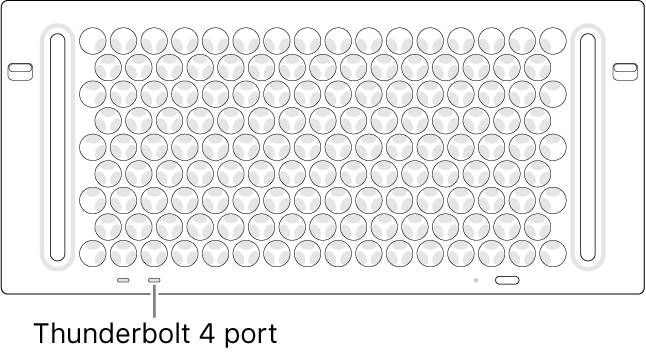 Vrchná strana Macu Pro so znázornením správneho Thunderbolt 4 portu, ktorý sa má použiť.