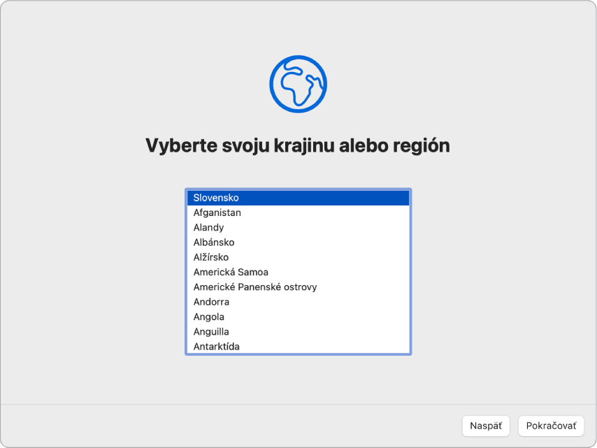 Obrazovka v Sprievodcovi nastavením zobrazujúca možnosti na výber krajiny alebo regiónu užívateľa.