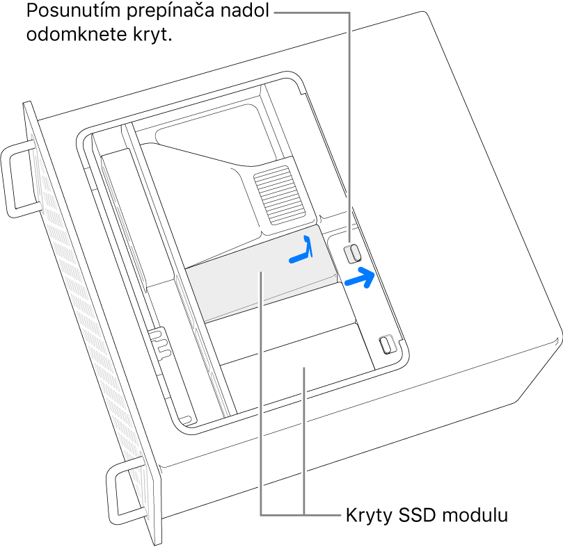 Prepínač je posunutý doprava, aby sa odomkol kryt SSD.