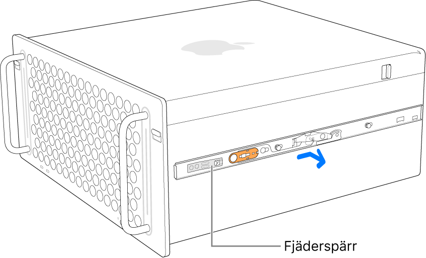 En skena som tas bort från sidan av Mac Pro.