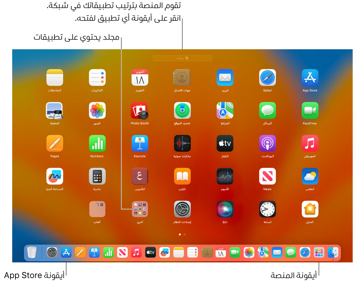 شاشة Mac مفتوح عليها Launchpad، وتعرض مجلد تطبيقات في Launchpad وأيقونة Launchpad وأيقونات App Store في Dock.