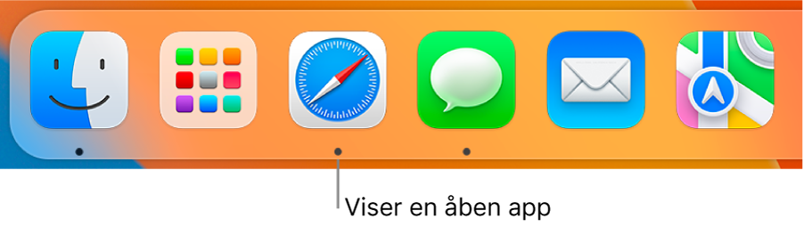 En del af Dock, hvor der er en sort prik under de åbne apps.