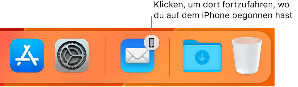 Das Handoff-Symbol ist im Dock sichtbar.