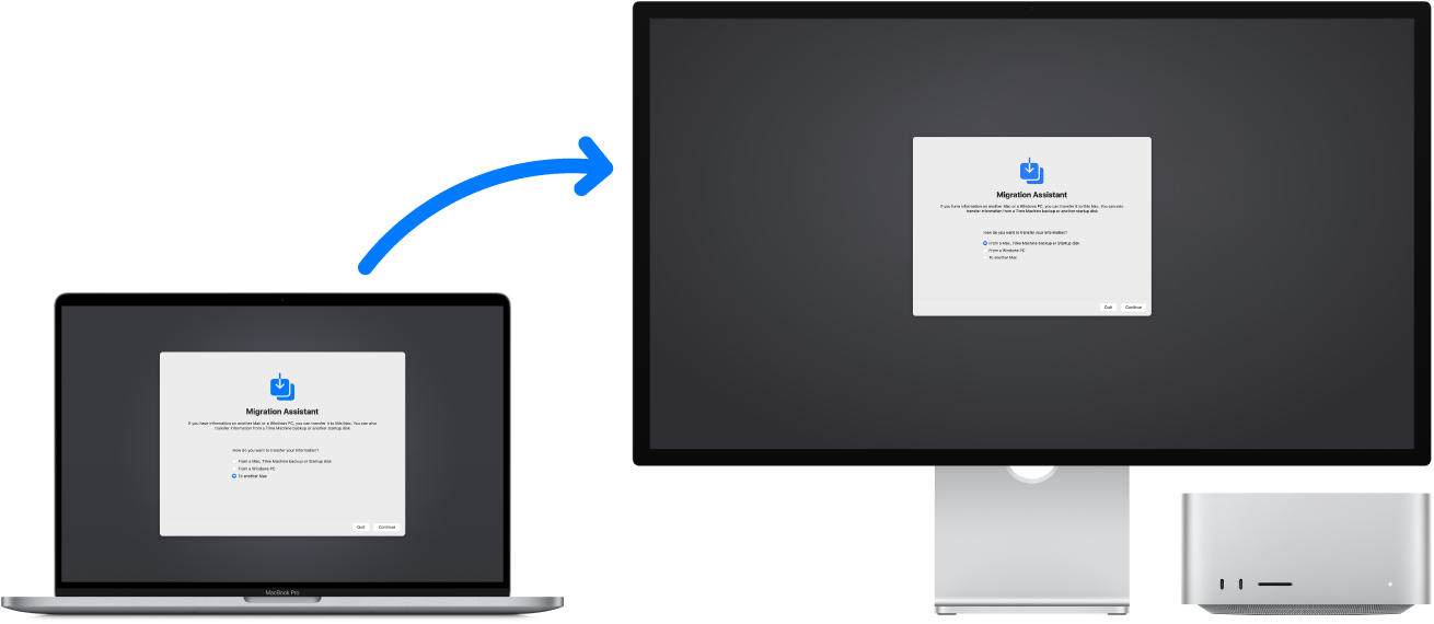 A MacBook Pro and a Mac Studio both displaying the Migration Assistant screen. An arrow from the MacBook Pro to the Mac Studio implies the transfer of data from one to the other.