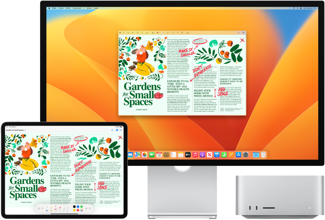 Una Mac Studio y un iPad lado a lado. Ambas pantallas muestran un artículo cubierto de ediciones rojas escritas a mano, como oraciones tachadas, flechas y palabras agregadas. El iPad también tiene controles de marcado en la parte inferior de la pantalla.