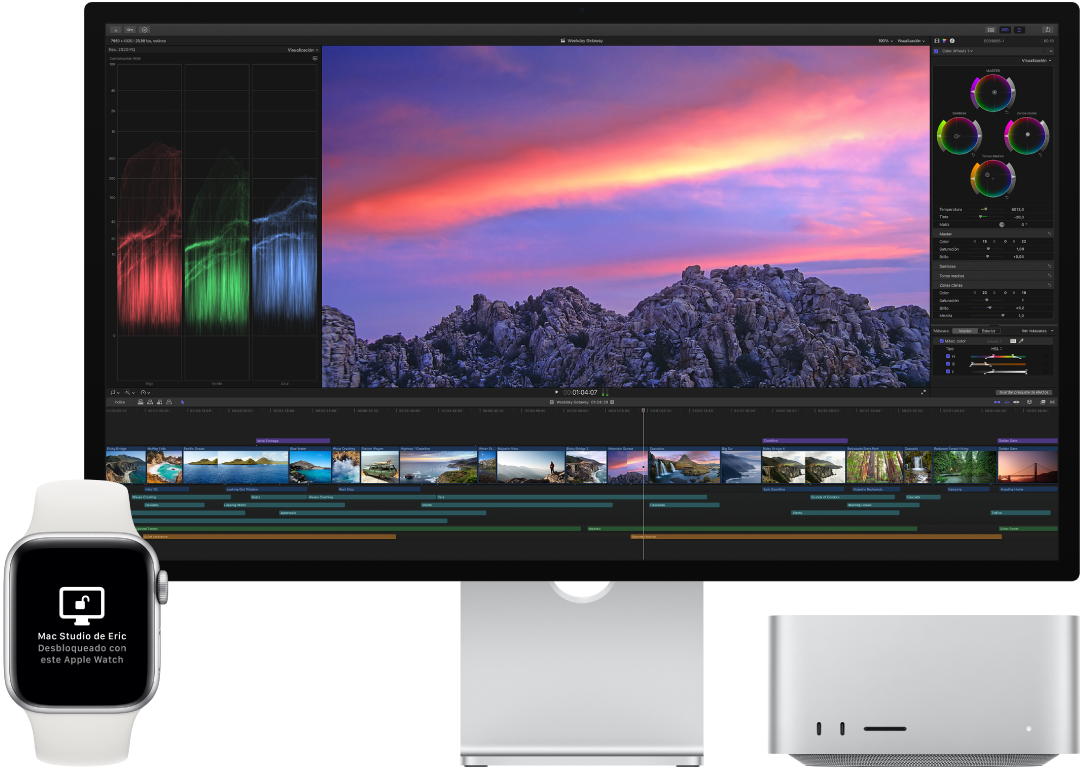 Un Mac Studio junto a un Apple Watch que muestra un mensaje que indica que el reloj desbloqueado el Mac.