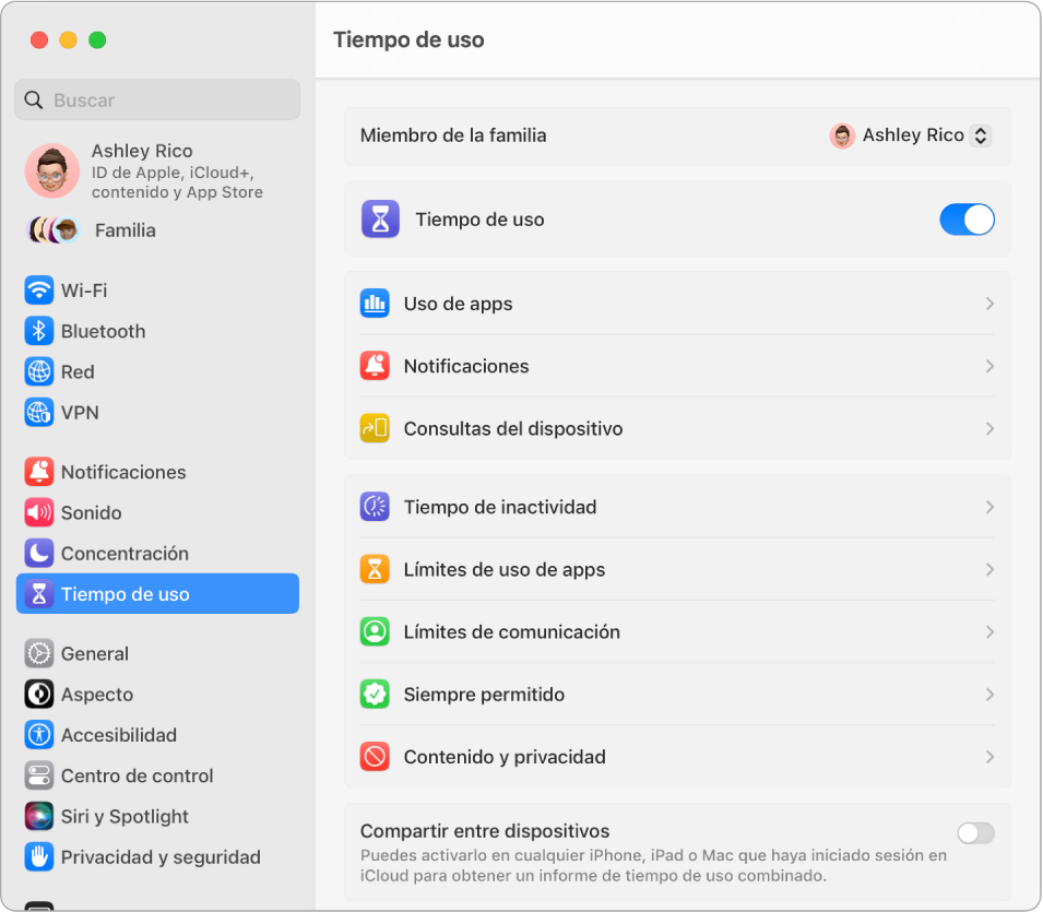  Una ventana de ajustes de “Tiempo de uso” que muestra opciones para ver el uso de las apps, las notificaciones y las consultas del dispositivo, así como opciones para gestionar el tiempo de uso, como programar el tiempo de inactividad, establecer límites de apps y de comunicación, y mucho más.