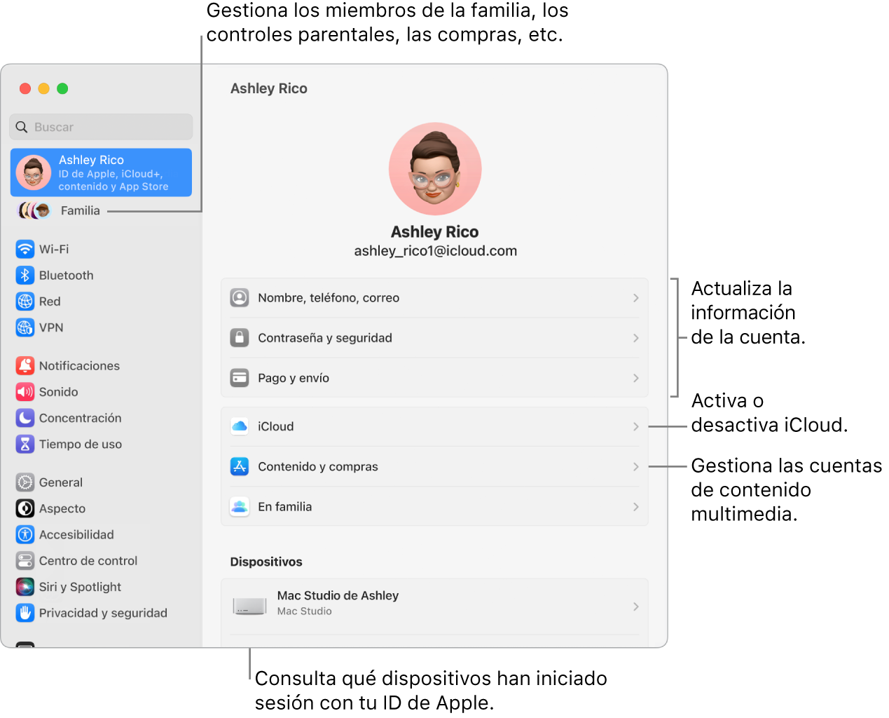 Los ajustes “ID de Apple” en Ajustes del Sistema con llamadas para actualizar la información de la cuenta, activar o desactivar las funciones de iCloud, gestionar las cuentas de redes sociales y Familia, donde puedes gestionar los miembros de la familia, el control parental, las compras y mucho más.