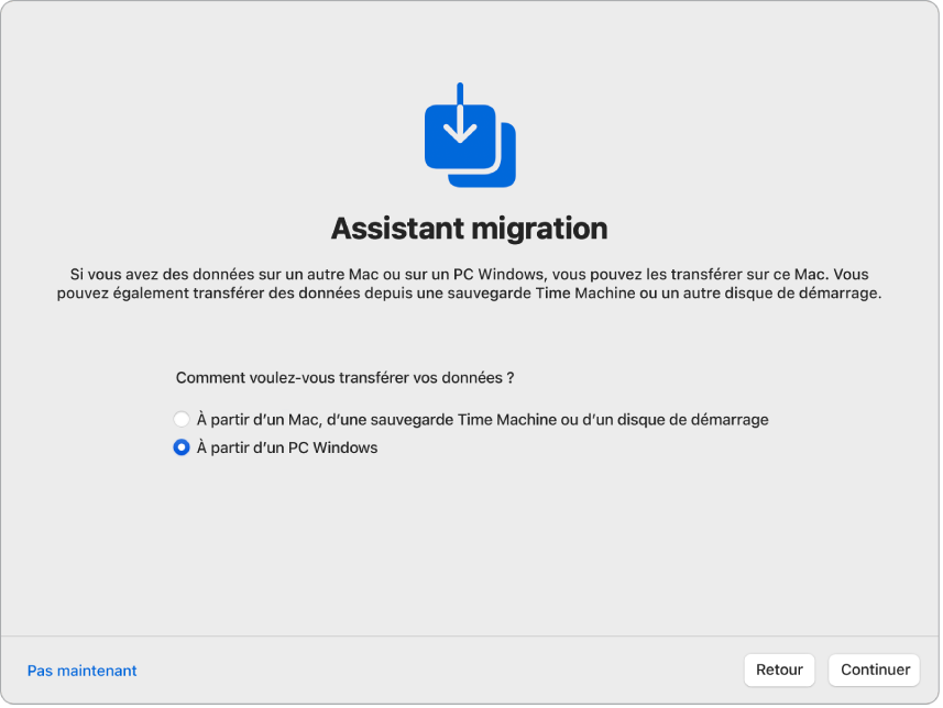 Un écran de lʼAssistant réglages indiquant « Assistant migration ». Une coche permettant de transférer des informations depuis un PC Windows est cochée.