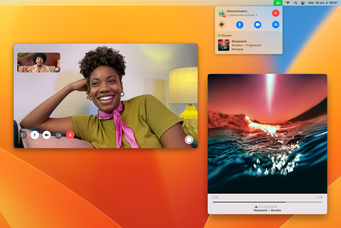Expérience d’écoute partagée avec les participants dans la fenêtre FaceTime et une fenêtre de l’app Musique qui lit un morceau.