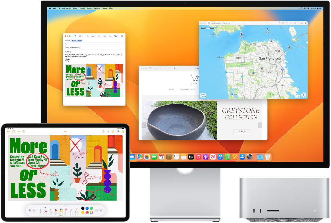 Egy Mac Studio és egy iPad látható egymás mellett. Az iPad képernyőjén egy annotációkkal ellátott szórólap látható. A Mac Studio képernyőjén egy Mail-üzenet látható az iPadről mellékletként hozzáadott, annotációval ellátott szórólappal.