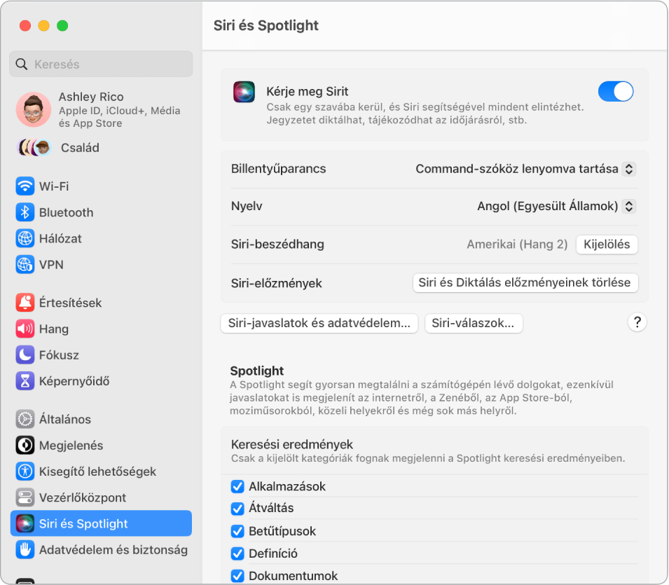 A Siri-beállítások ablaka a bejelölt Kérje meg Sirit jelölőnégyzettel, a jobb oldalon pedig számos különböző beállítás található Siri testreszabásához.