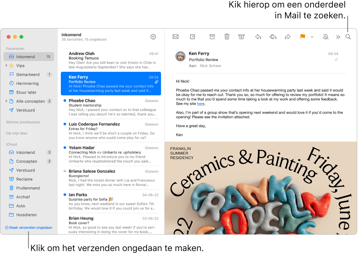 Een Mail-venster met aan de linkerkant de navigatiekolom met 'Favorieten', 'Slimme postbussen' en iCloud-mappen, naast de navigatiekolom de lijst met berichten en aan de rechterkant de inhoud van het geselecteerde bericht.