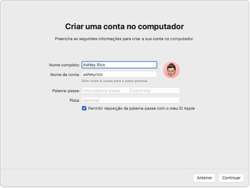 Um ecrã do Assistente de Configuração que apresenta “Criar uma conta no computador”.