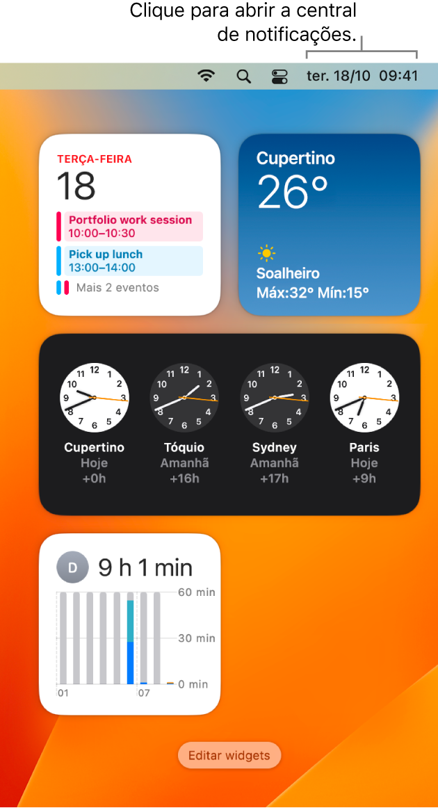 A central de notificações com notificações e widgets para as aplicações Calendário, Meteorologia, Relógio e Tempo de ecrã.
